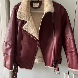 Zara Burgundy Leather Jacket with Cream Fleece
